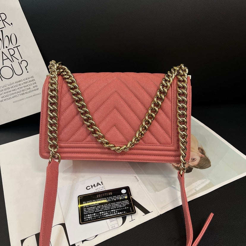 Chanel Nude Pink Litchi V Pattern Medium Leboy 25cm Bag