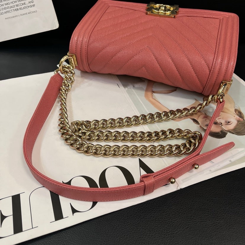 Chanel Nude Pink Litchi V Pattern Medium Leboy 25cm Bag