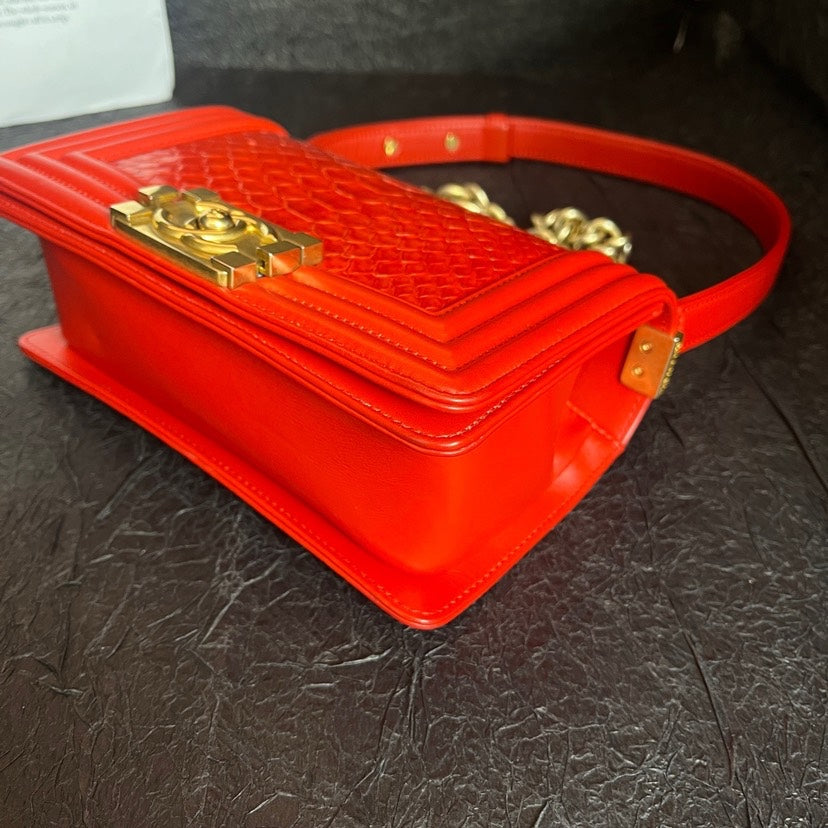 Chanel Tomato Red Snake Skin Small Leboy Bag 19cm