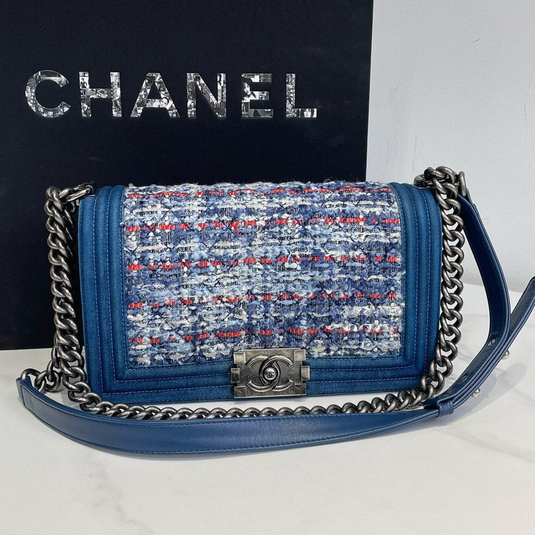 Chanel Tweed Denim Boy Bag Blue Medium 2014