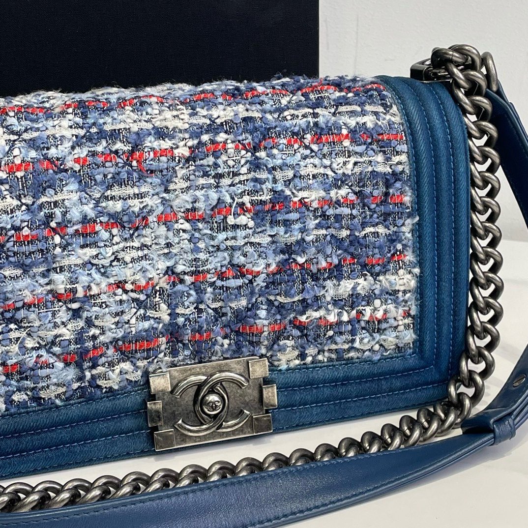Chanel Tweed Denim Boy Bag Blue Medium 2014