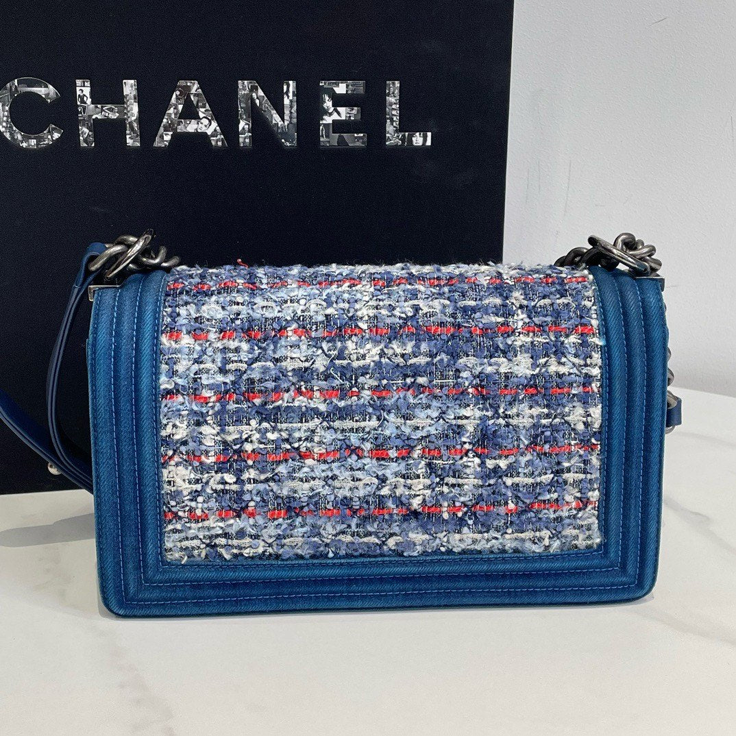 Chanel Tweed Denim Boy Bag Blue Medium 2014