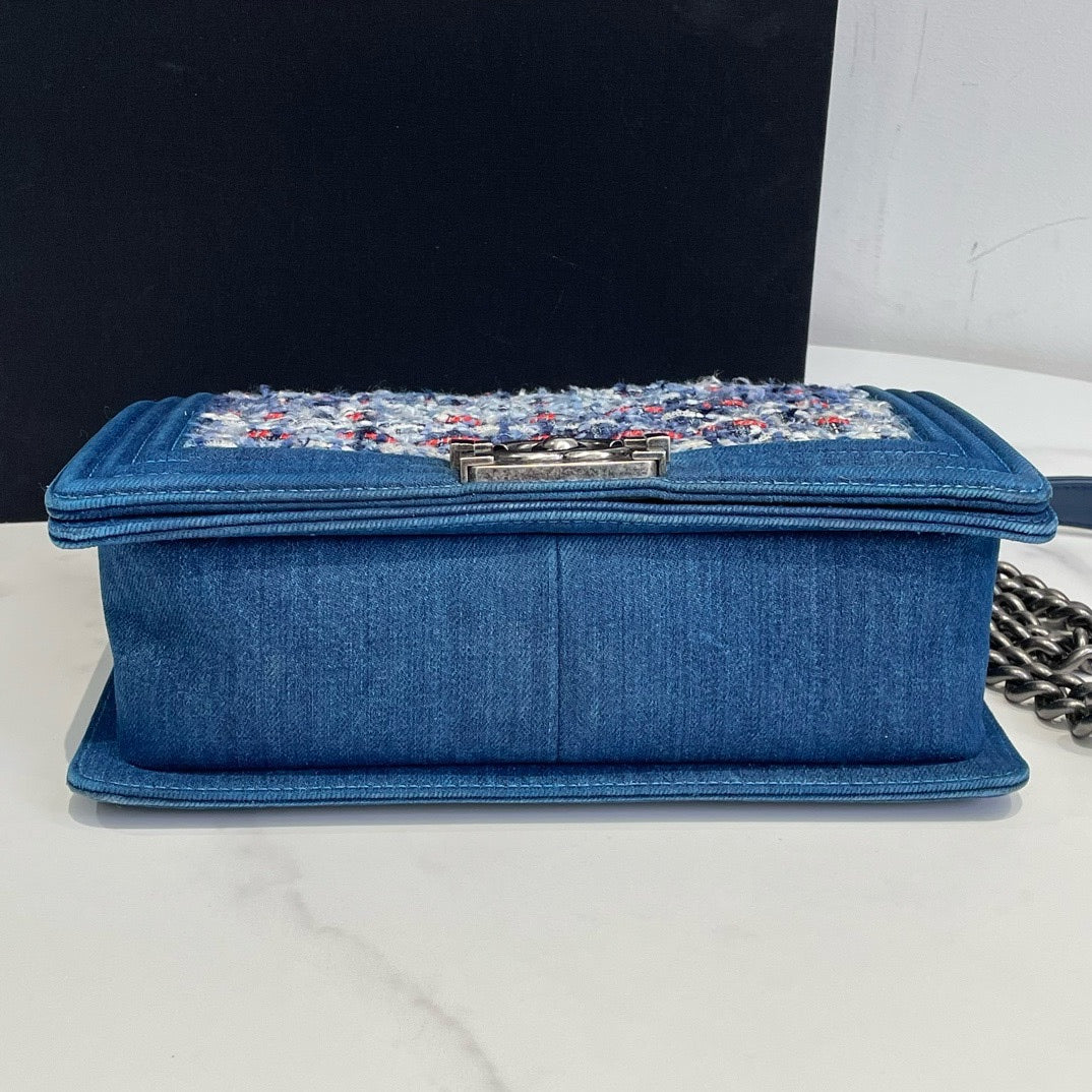 Chanel Tweed Denim Boy Bag Blue Medium 2014