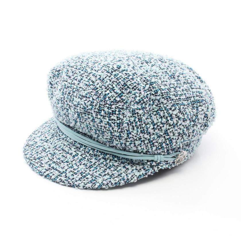 Chanel Coco Mark Tweed Casquette Hat Light Blue Multicolor Polyamide