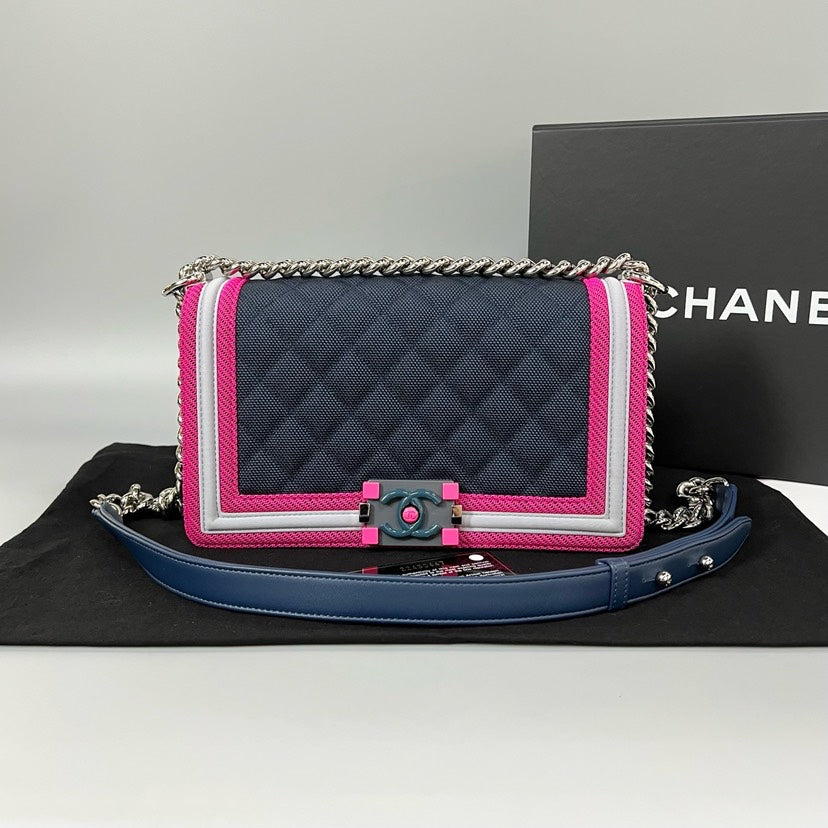 Chanel Leboy Medium Navy Pink Leather Bag 24x7x14.5cm