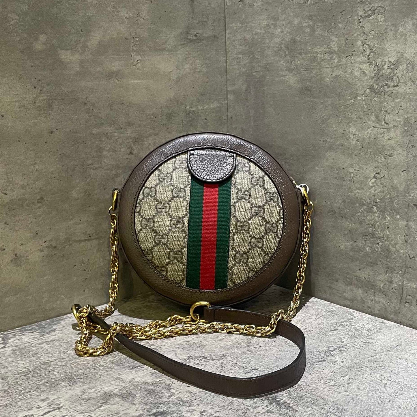 Gucci Ophidia GG Supreme Canvas Round Shoulder Bag Brown Small