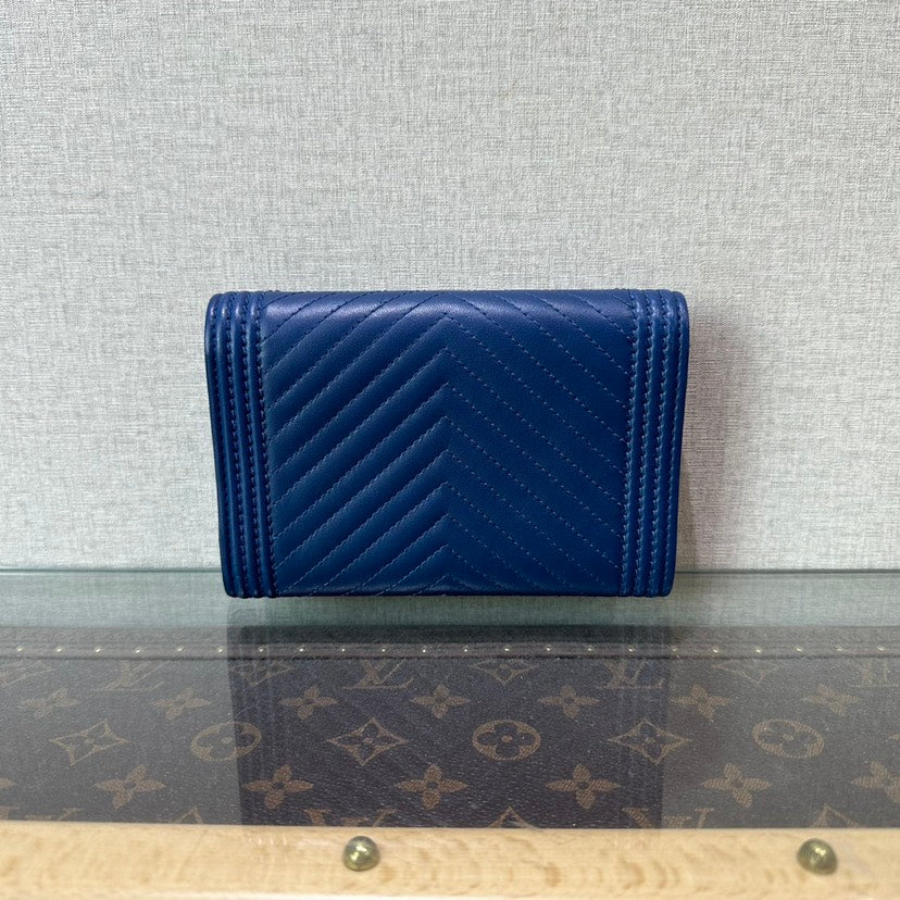 Chanel Leboy Navy Leather Chevron Wallet 15cm x 10cm x 2cm