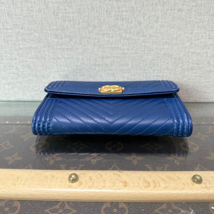 Chanel Leboy Navy Leather Chevron Wallet 15cm x 10cm x 2cm