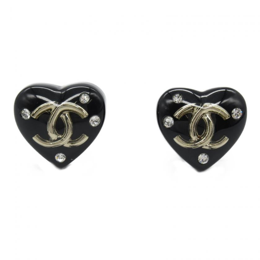 Chanel Heart Earrings Black Champagne Gold Plating