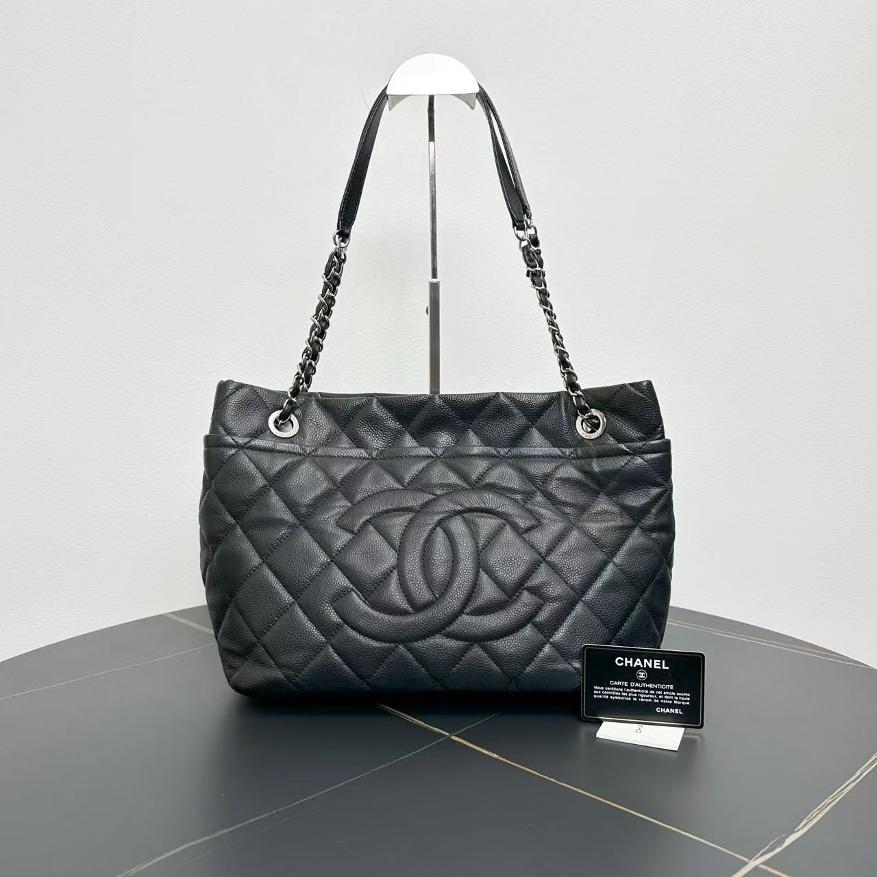 Chanel Grand Shopping Black Quilted Caviar Leather Tote Bag 2012-2013 Medium