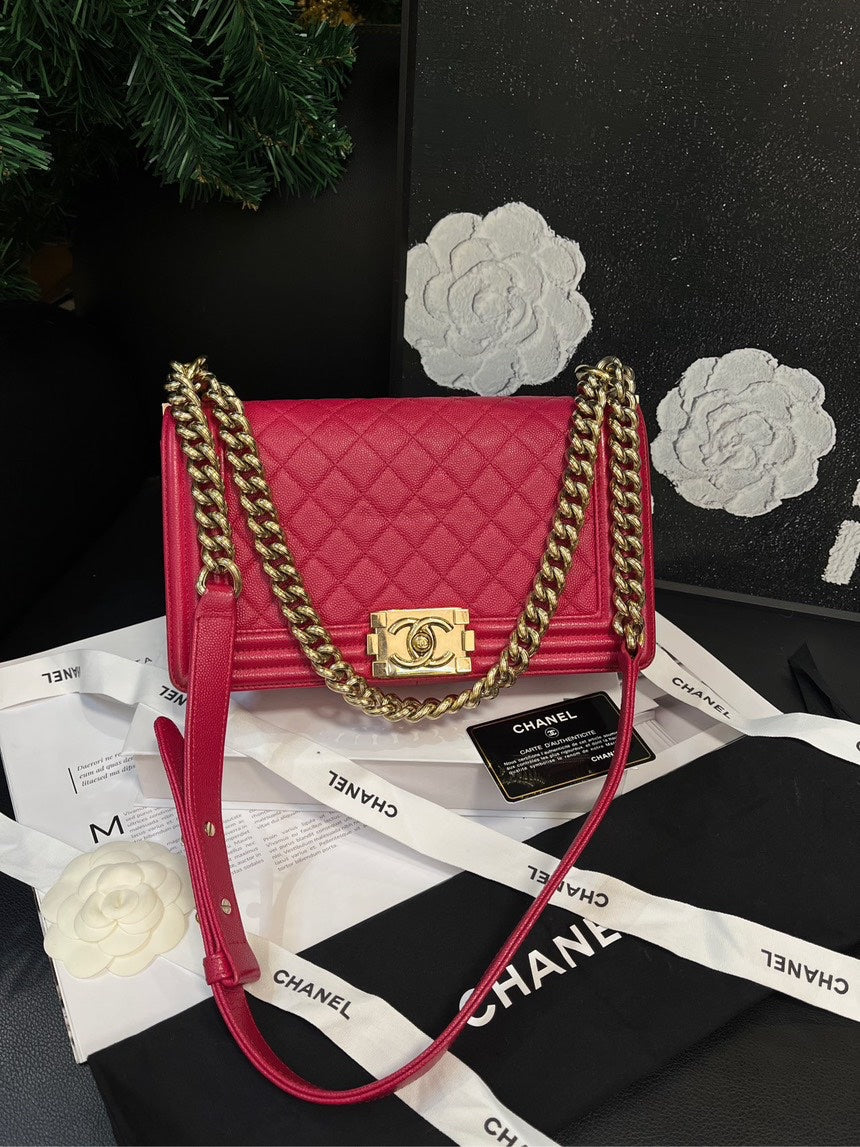 Chanel LeBoy Rose Red Gold Buckle Medium Crossbody Bag