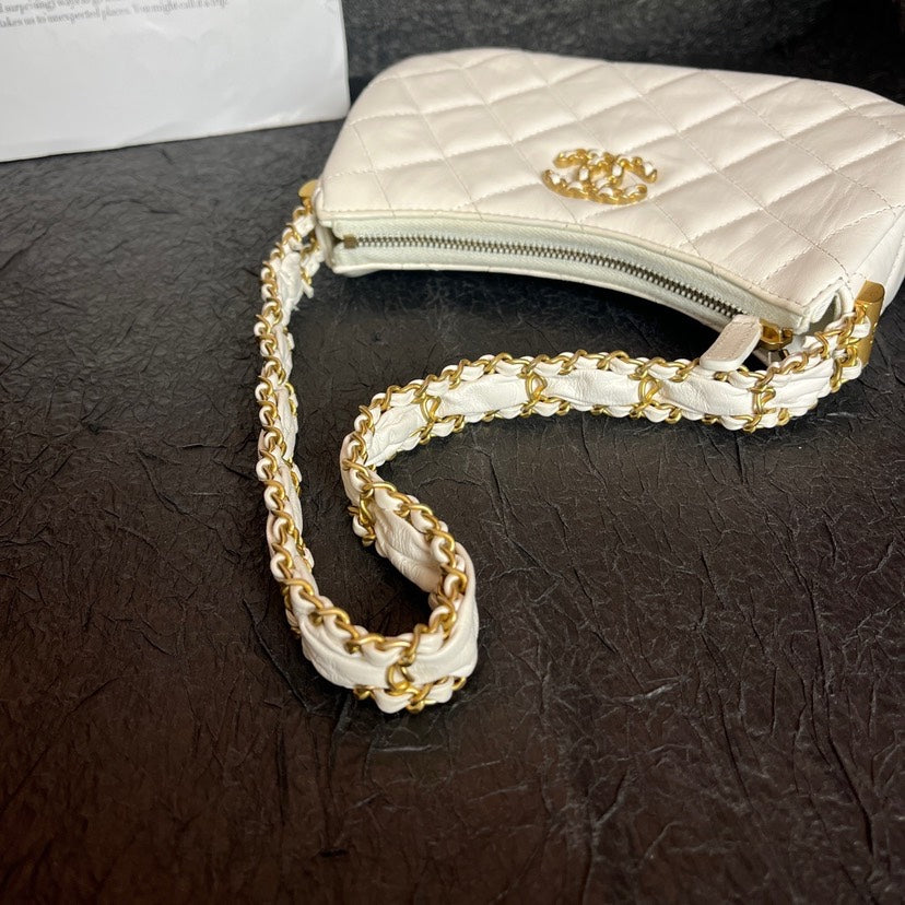 Chanel White Small Hobo Underarm Bag Gold Chain 22K