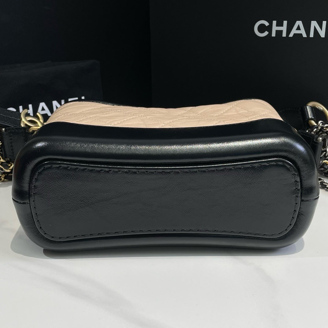 Chanel Small Gabrielle Hobo Beige Black Quilted Leather Bag 28 2019