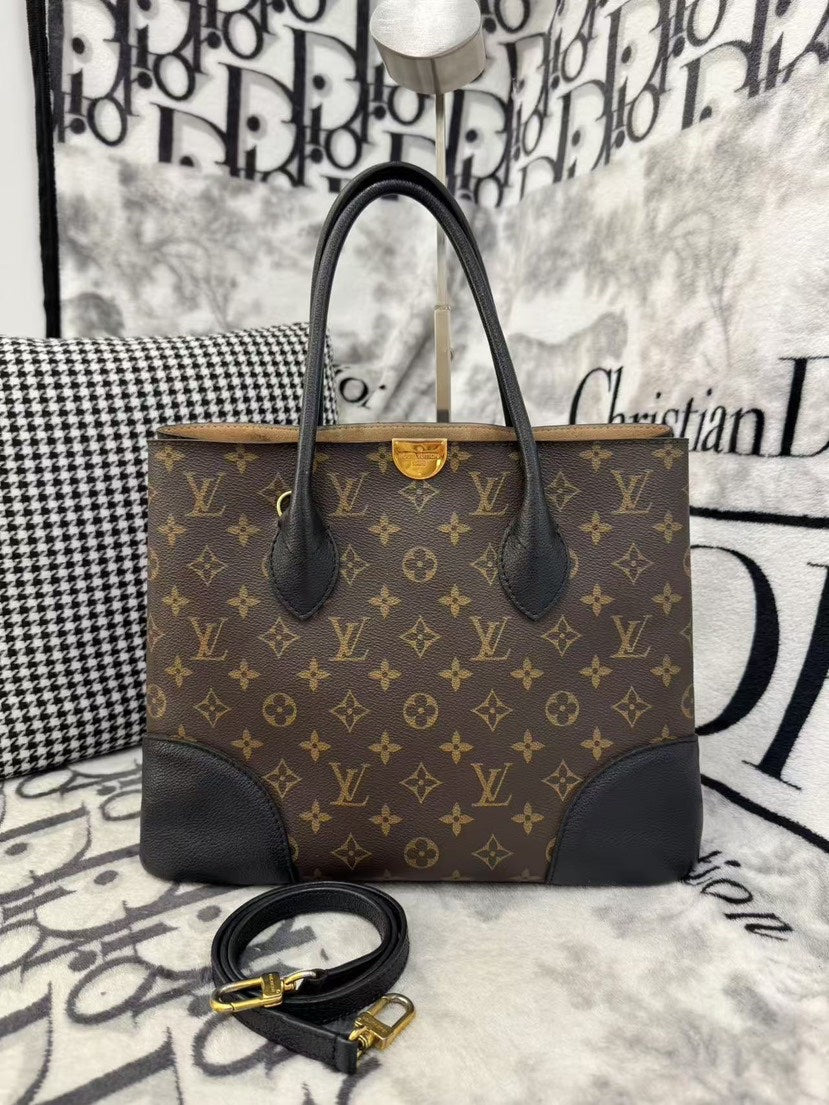 Louis Vuitton Monogram Canvas Black Leather Tote Bag Medium