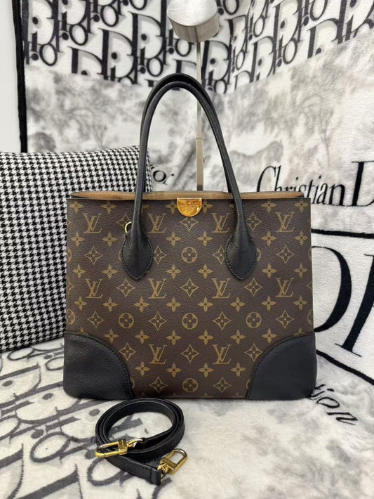 Louis Vuitton Monogram Canvas Black Leather Tote Bag Medium
