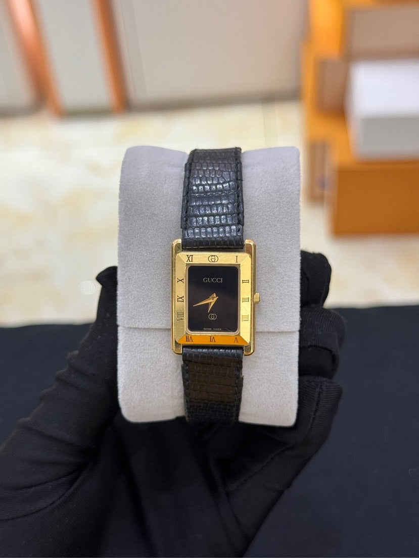 Gucci Gold Black Leather Rectangle Watch 33x22x6mm