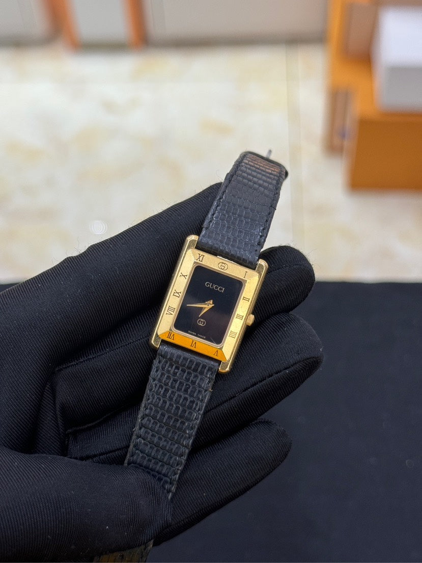 Gucci Gold Black Leather Rectangle Watch 33x22x6mm