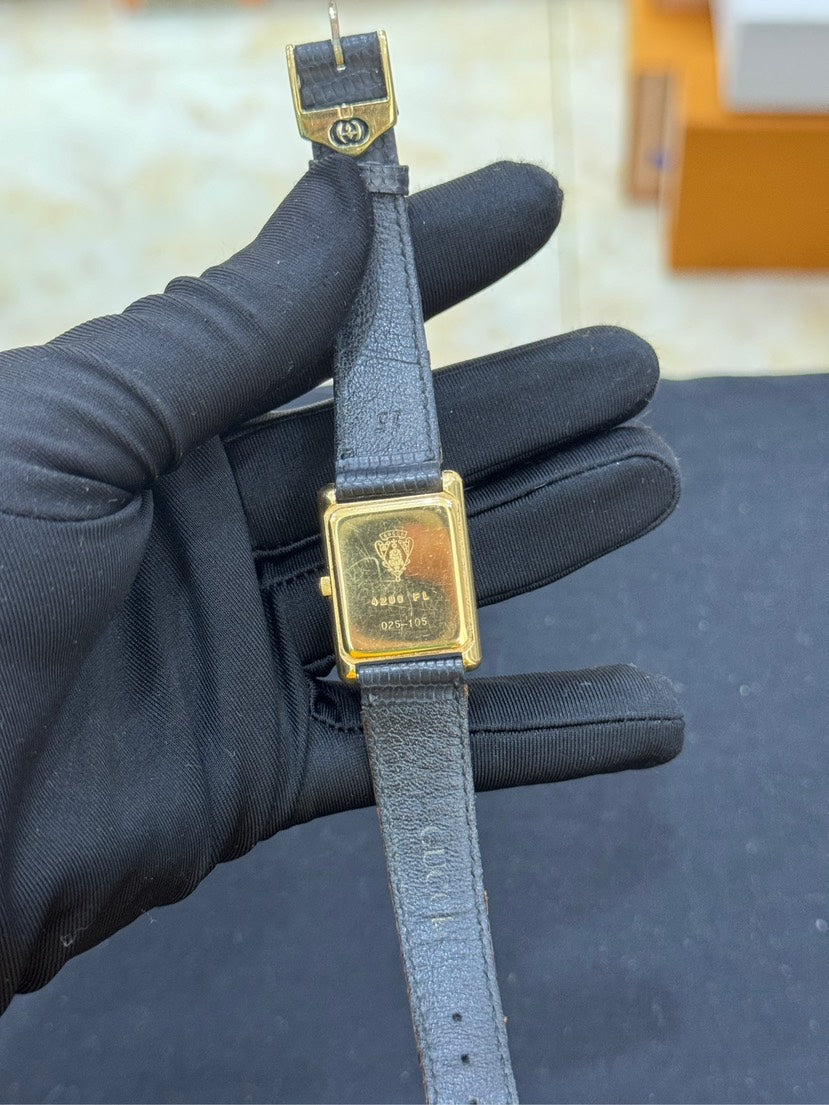 Gucci Gold Black Leather Rectangle Watch 33x22x6mm