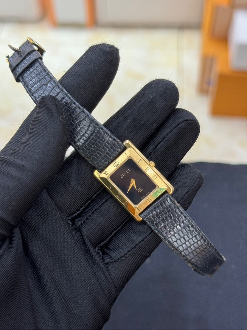 Gucci Gold Black Leather Rectangle Watch 33x22x6mm