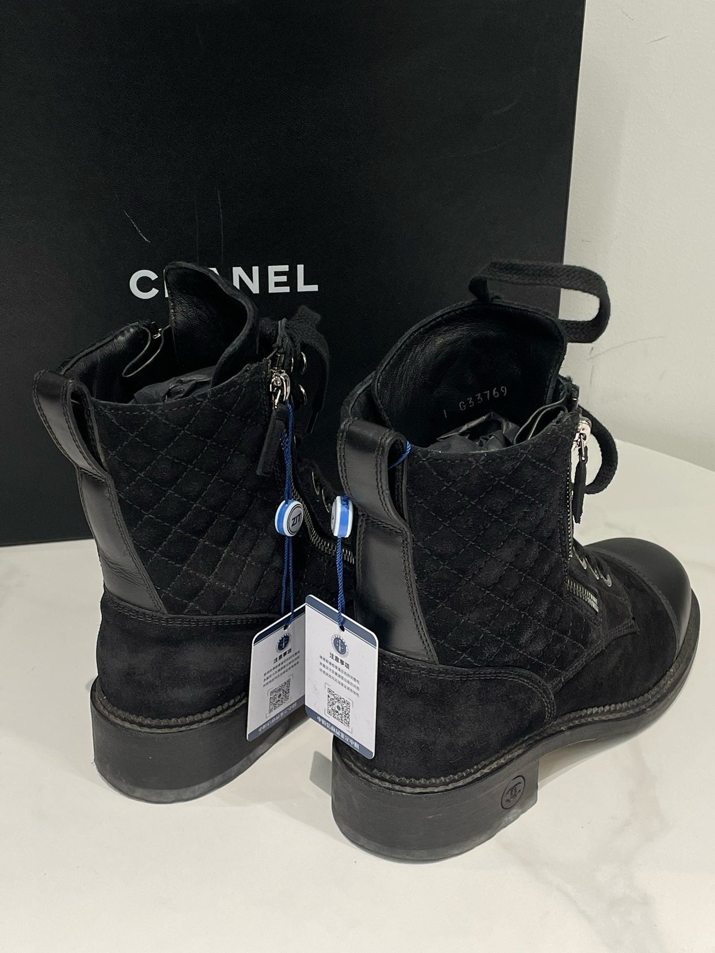 Chanel Black Suede Leather Lace Up Ankle Boots Size 36