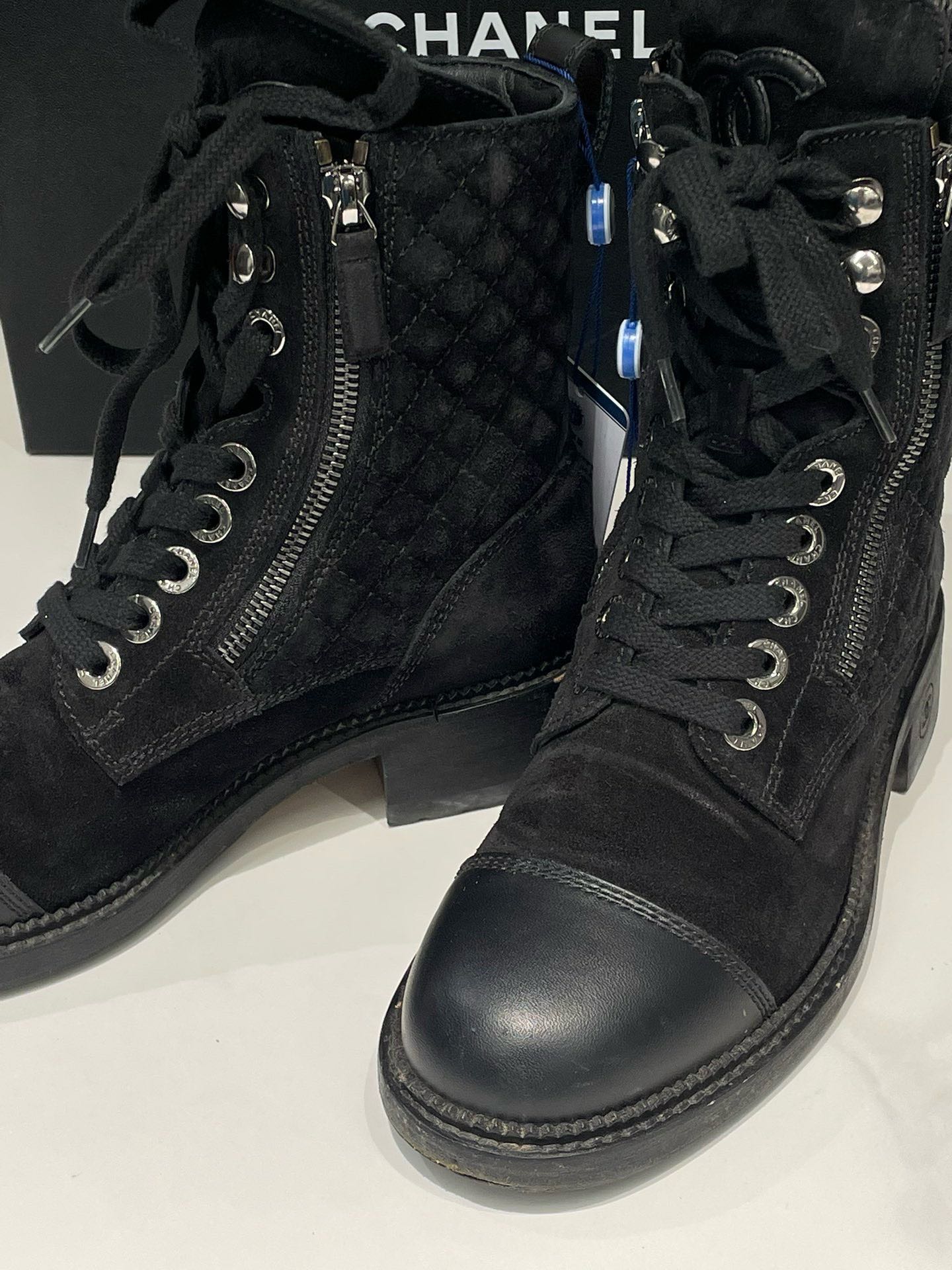 Chanel Black Suede Leather Lace Up Ankle Boots Size 36