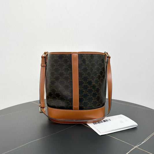 Celine Triomphe Canvas Tan Leather Bucket Bag Medium