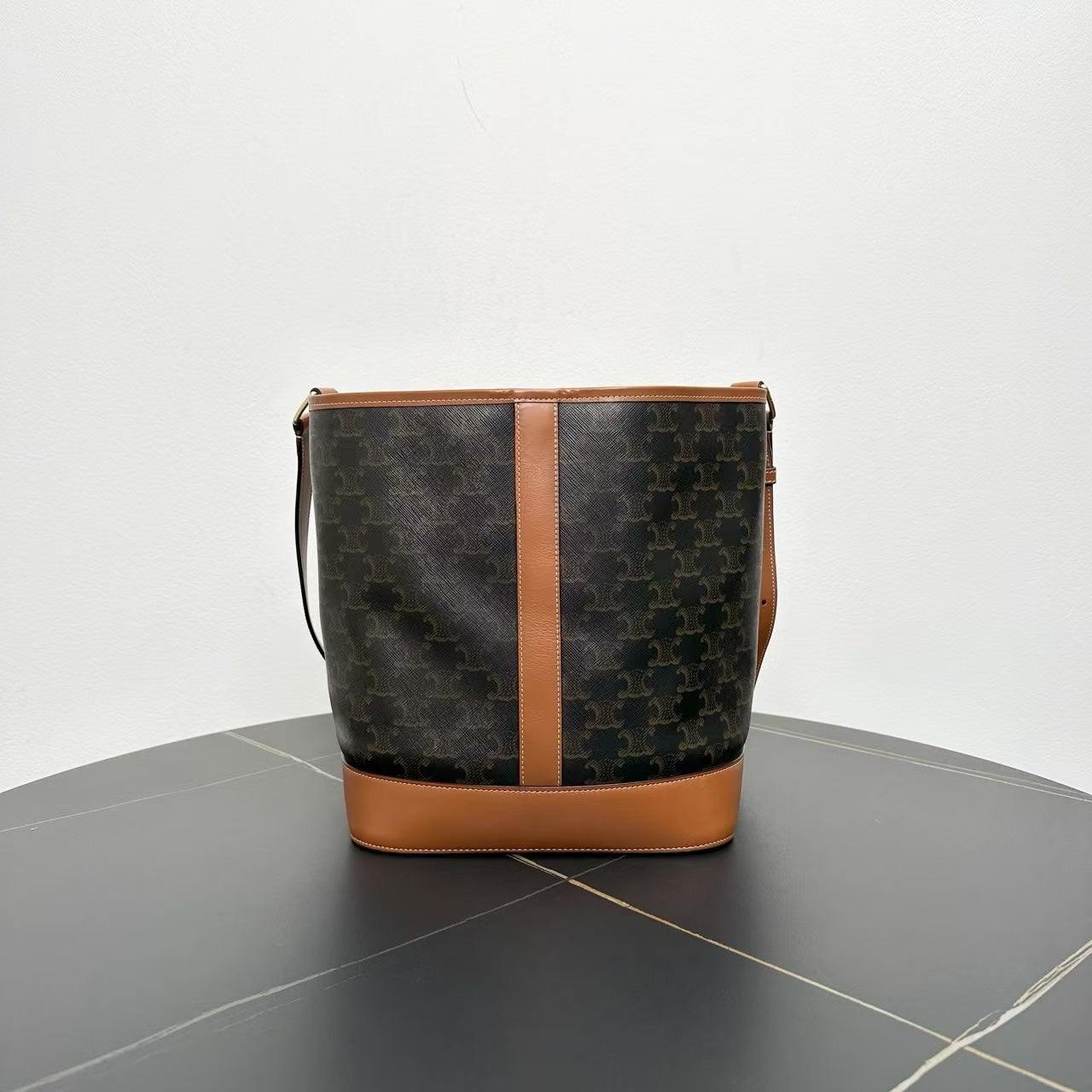 Celine Triomphe Canvas Tan Leather Bucket Bag Medium