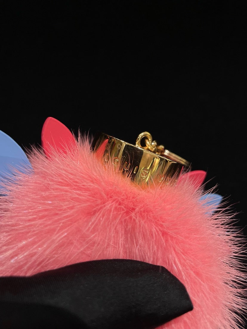 Louis Vuitton Pink Fur Pom Pom Bag Charm Keychain Multicolor Petals