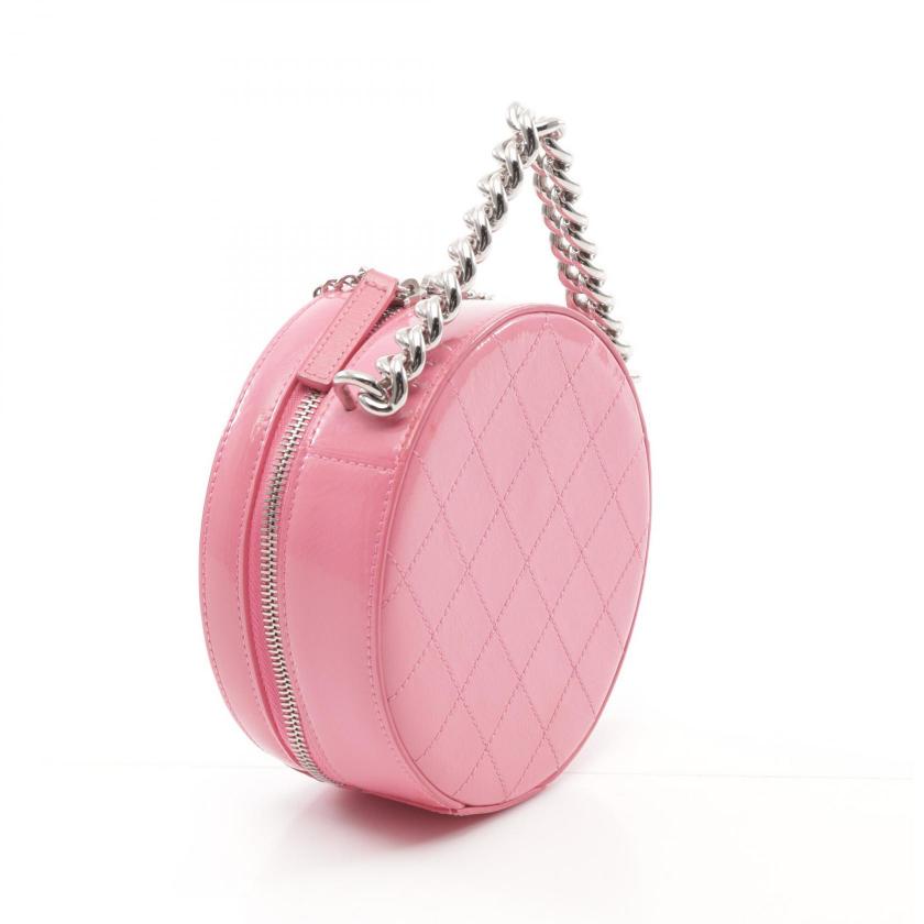 Chanel Coco Mark Round Pink Patent Leather Chain Handbag 2WAY Silver Hardware