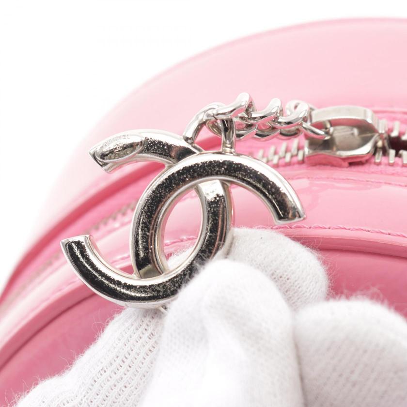 Chanel Coco Mark Round Pink Patent Leather Chain Handbag 2WAY Silver Hardware
