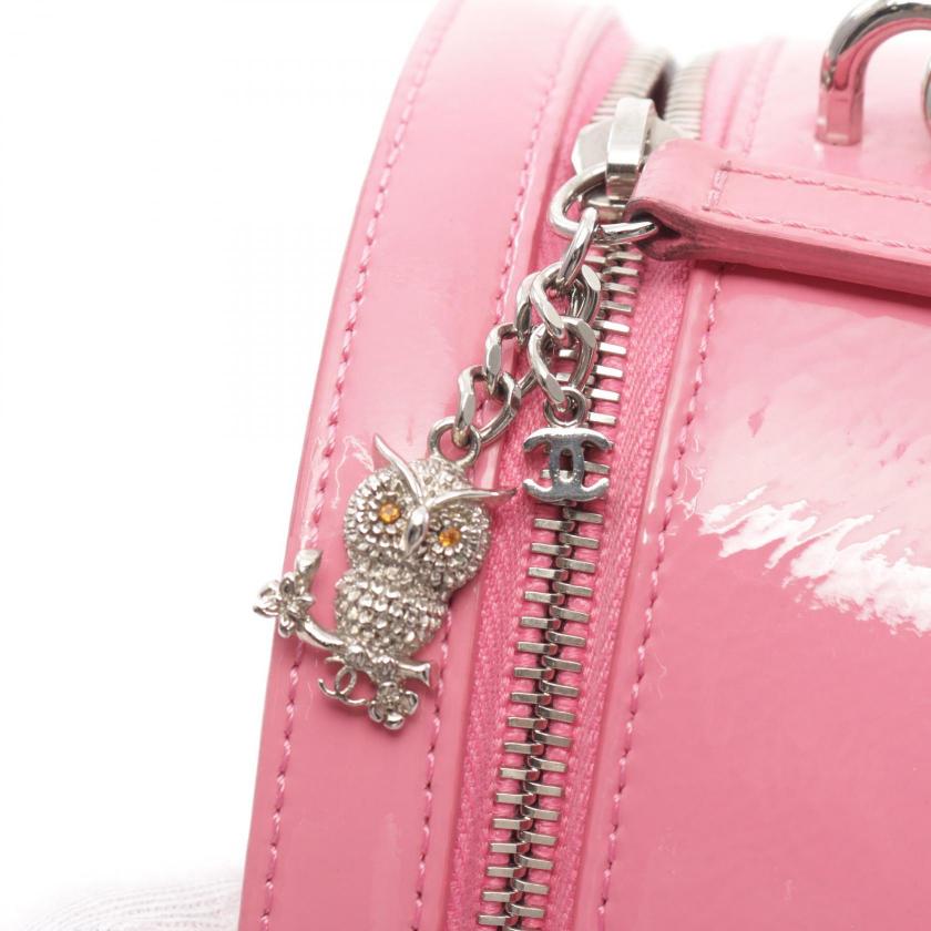 Chanel Coco Mark Round Pink Patent Leather Chain Handbag 2WAY Silver Hardware