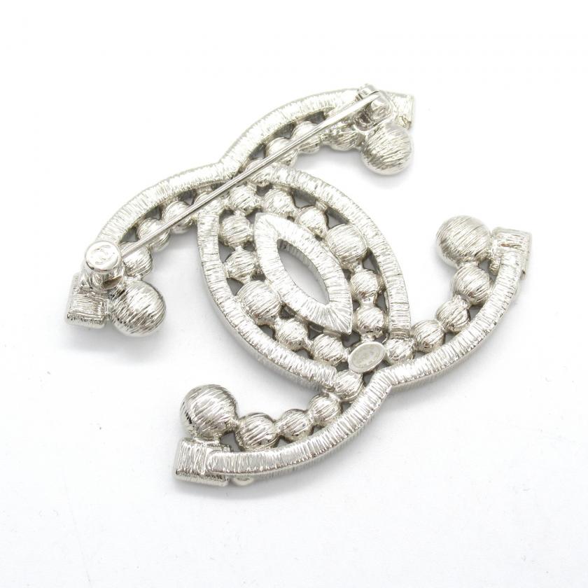 Chanel Silver Plated Coco Mark Brooch Clear Stone