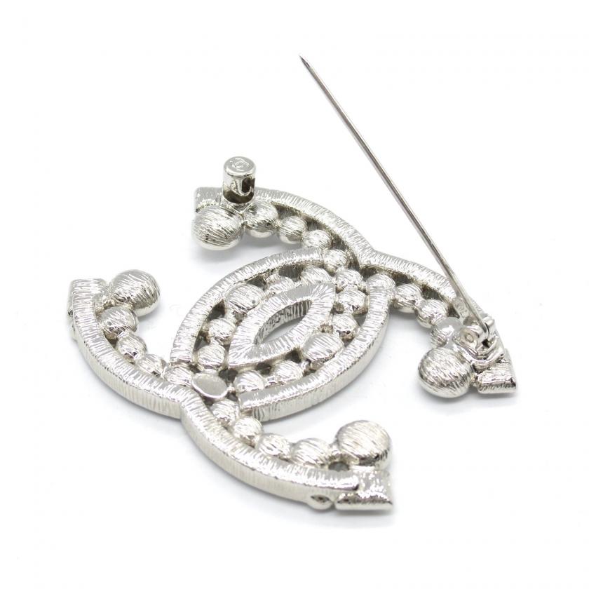 Chanel Silver Plated Coco Mark Brooch Clear Stone