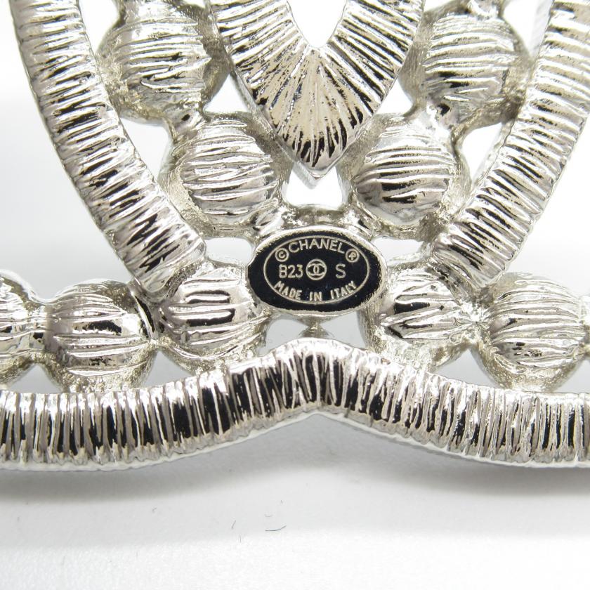 Chanel Silver Plated Coco Mark Brooch Clear Stone
