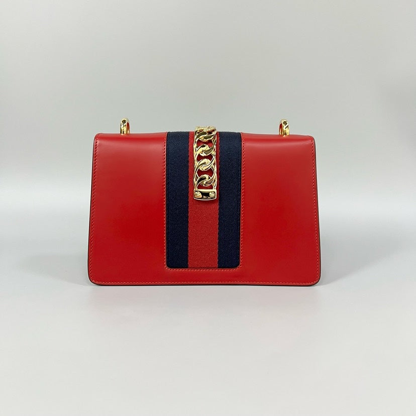 Gucci Sylvie Medium Red Leather Shoulder Bag 25.5x17x8cm