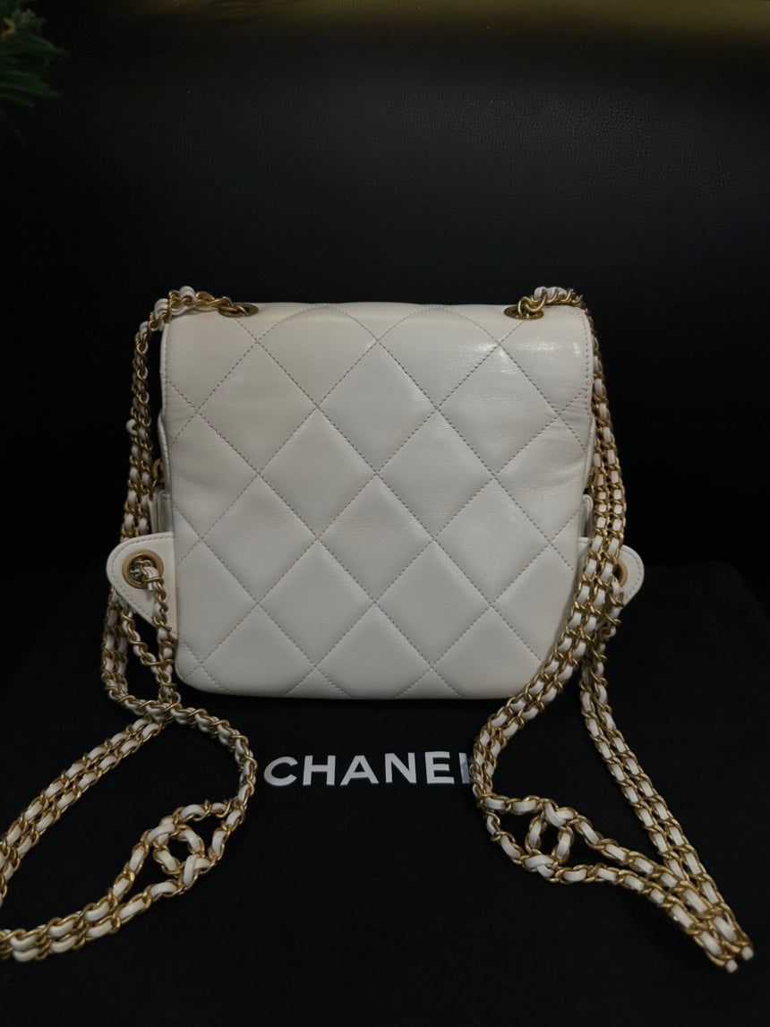 Chanel 23P White Leather Quilted Backpack Medium Size