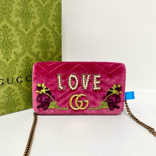 Gucci GG Marmont Pink Velvet Love Embroidered Shoulder Bag
