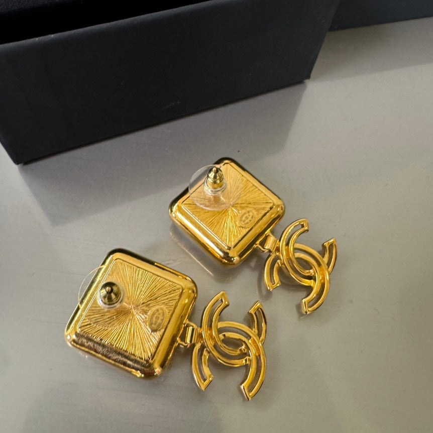 Chanel Gold Pearl Logo Drop Earrings Square