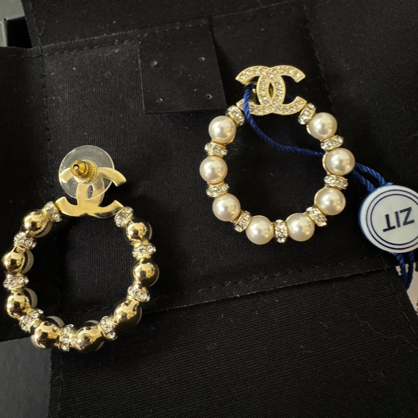 Chanel Pearl Gold Crystal CC Drop Hoop Earrings