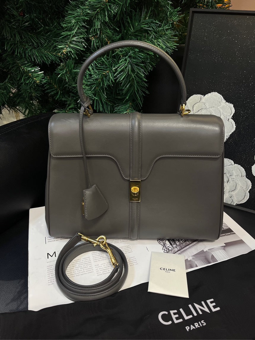 Celine Soft 16 Gray Cowhide Gold Buckle Handbag