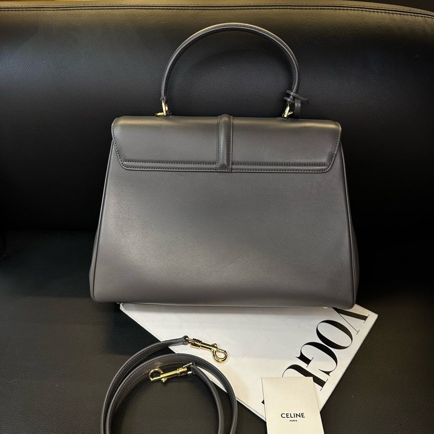 Celine Soft 16 Gray Cowhide Gold Buckle Handbag