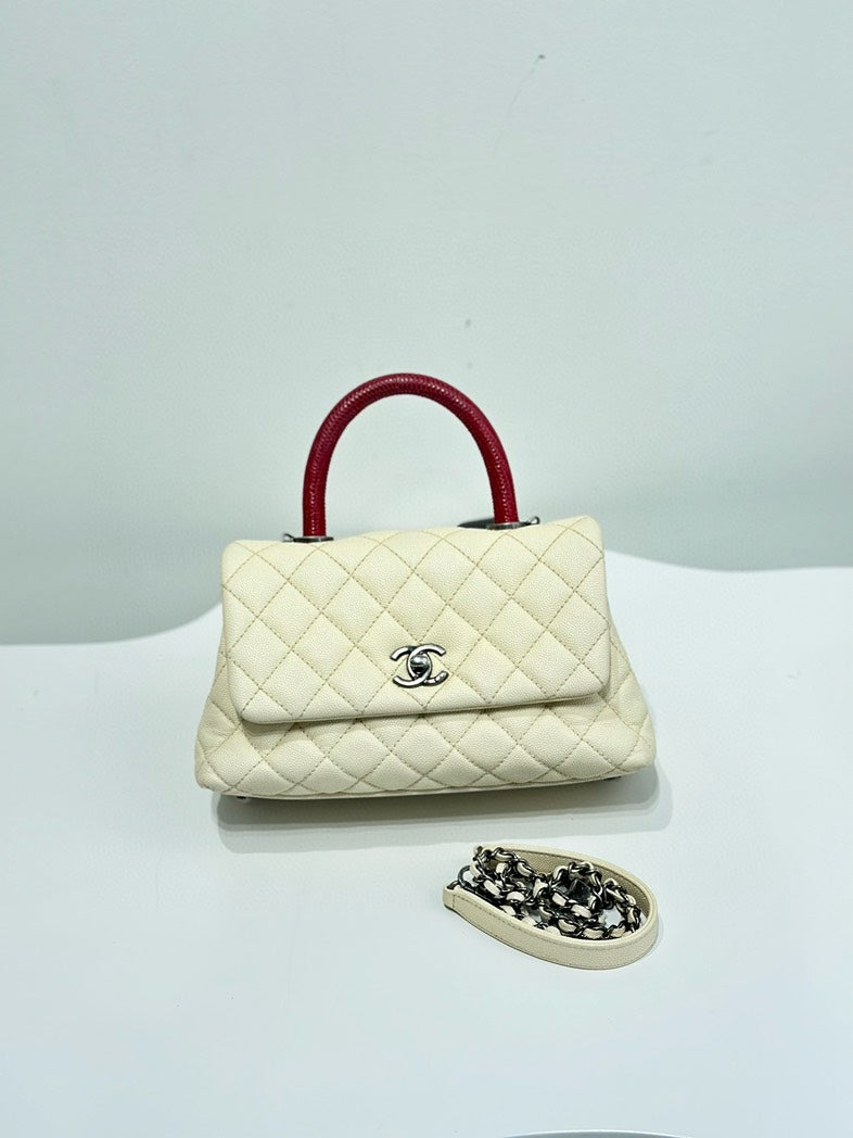 Chanel Coco White Quilted Leather Handle Bag Red Top Handle Elegant Medium