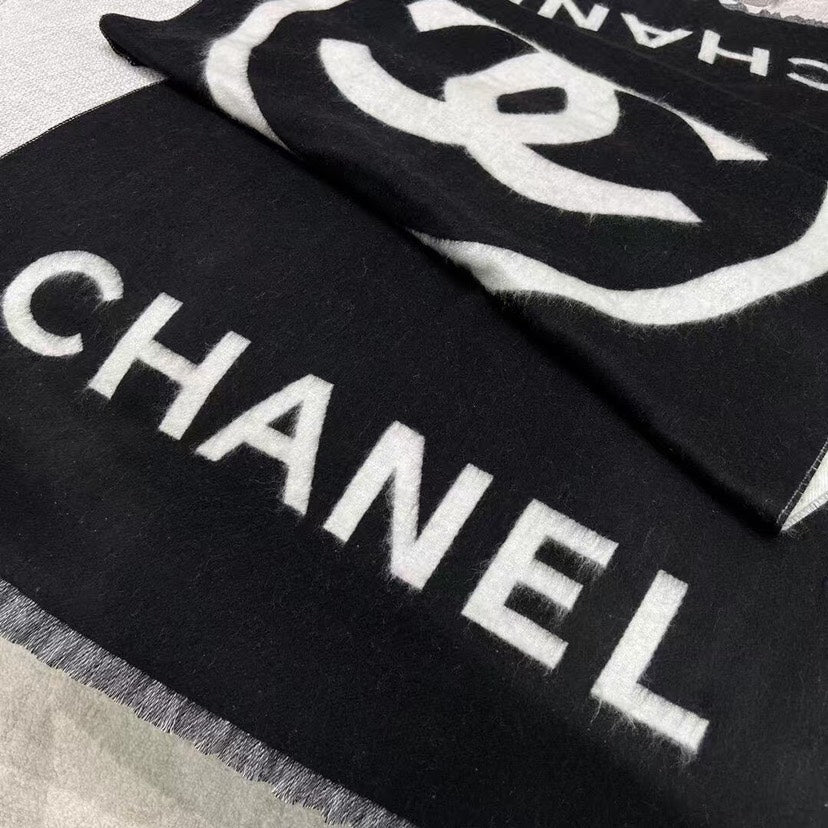Chanel Black Cashmere Wool Logo Scarf Large