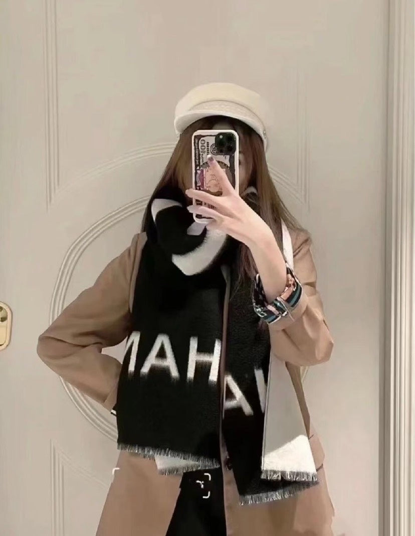 Chanel Black Cashmere Wool Logo Scarf Large
