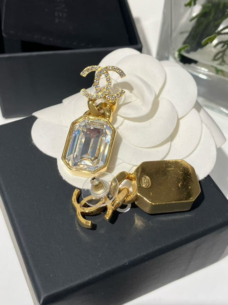 Chanel Crystal Gold Logo Drop Earrings