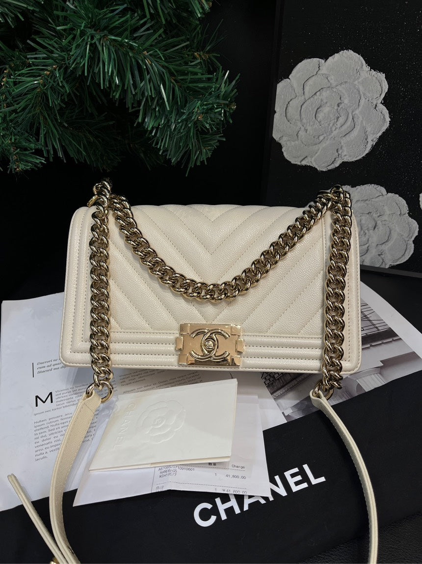 Chanel Medium White Leather Lychee Pattern LeBoy Crossbody Bag