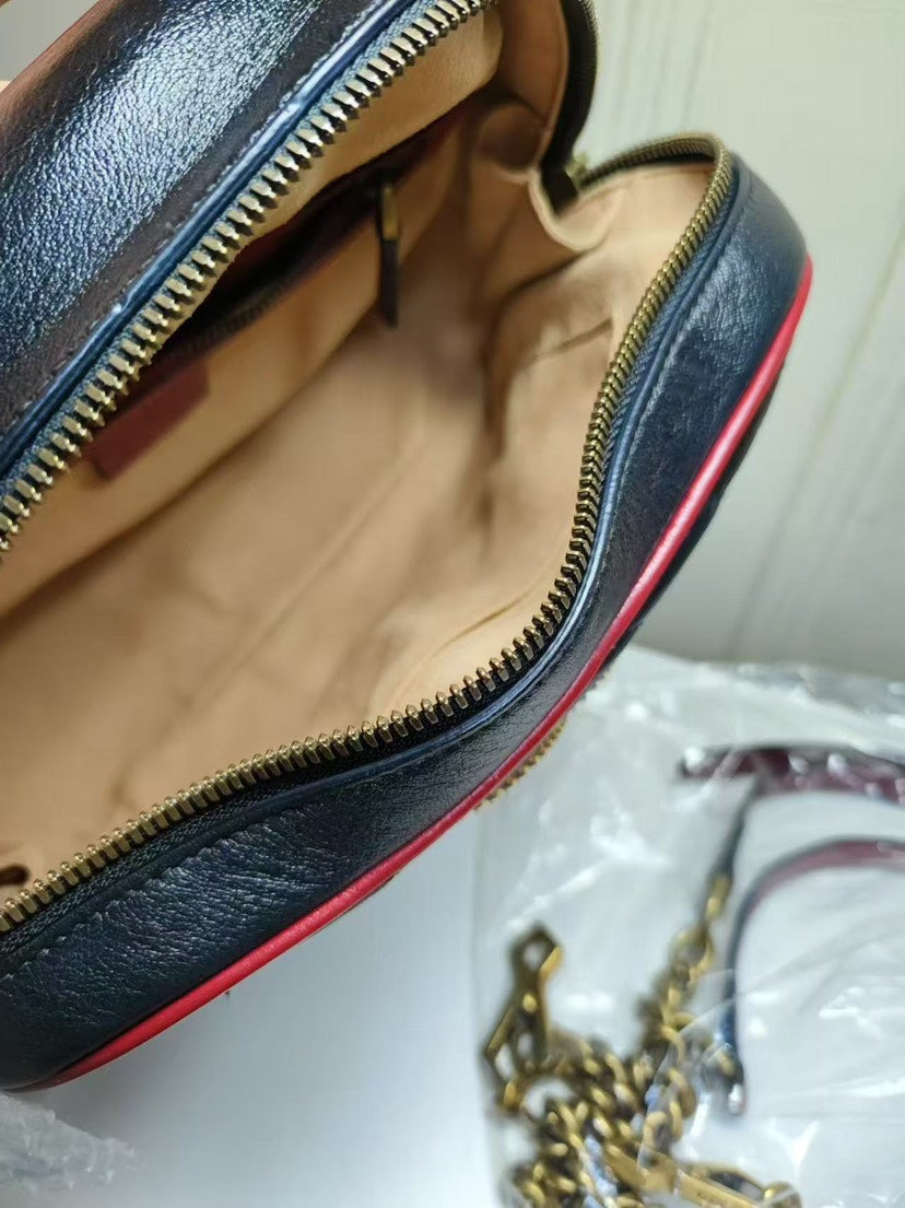 Gucci Bamboo Black Leather Bag Red Trim Medium