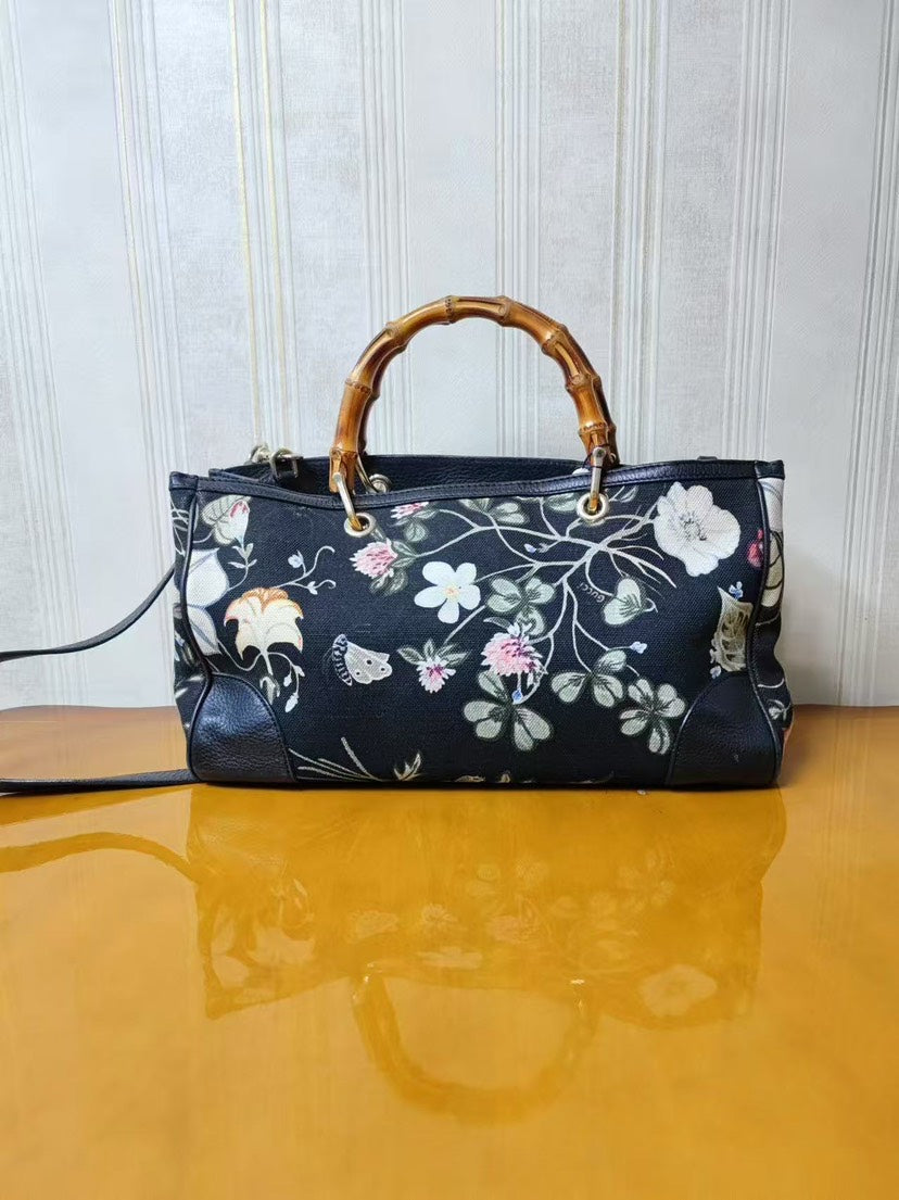 Gucci Bamboo Black Floral Canvas Handbag Medium Size