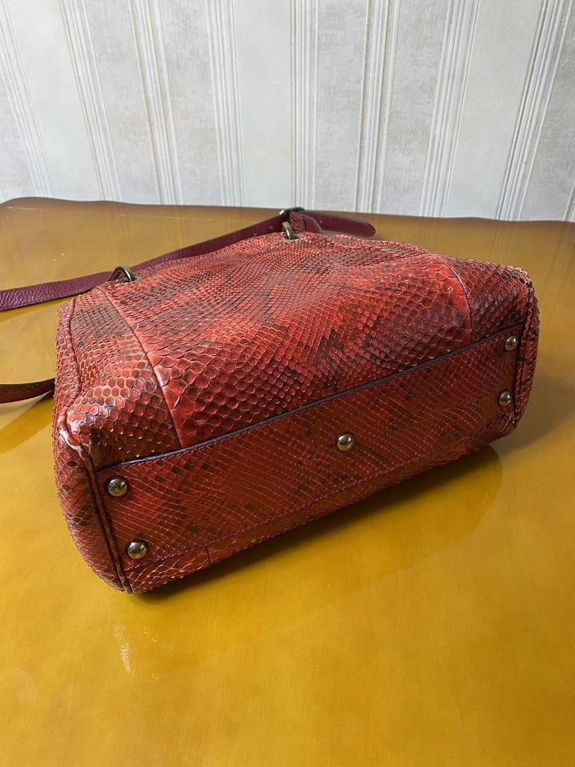 Gucci Bamboo Red Python Leather Top Handle Bag Medium