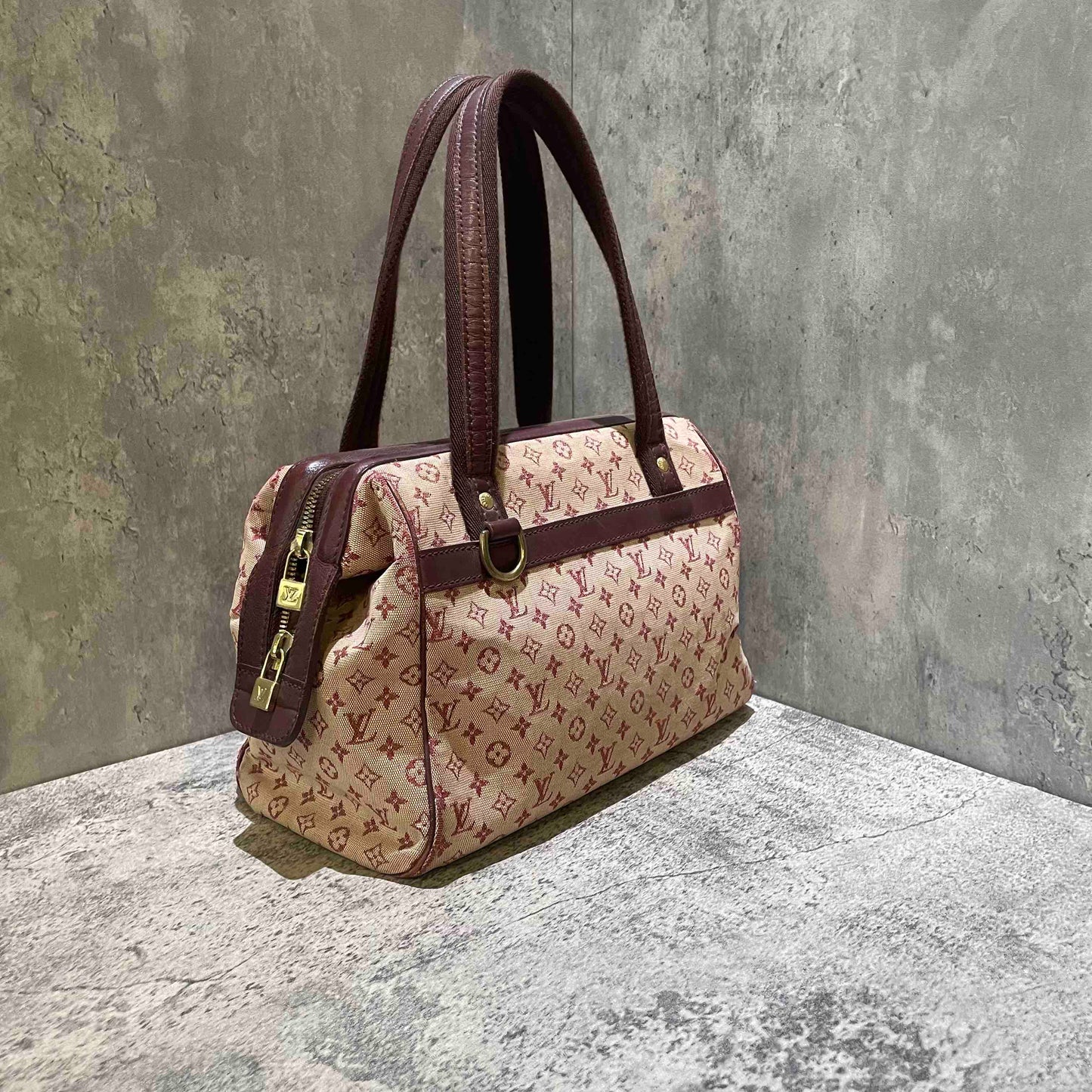 Louis Vuitton Mini Lin Monogram Red Canvas Bowling Bag Brown Handles Medium